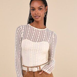 Lulus Sheer Passion Cream Sheer Lace Long Sleeve Top Beige - Size S